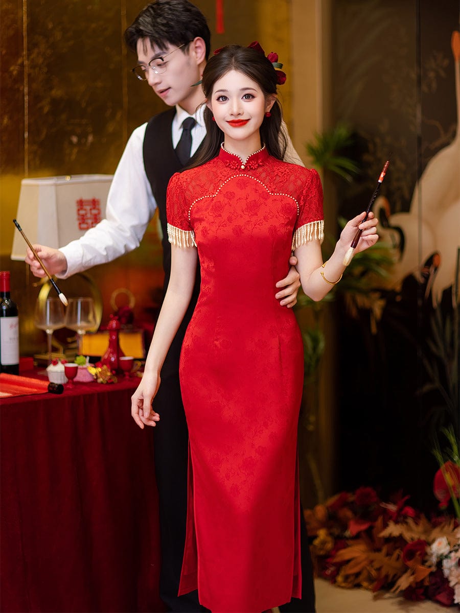 Beth and Brian Qipao-LSB Floral pattern, jacquard fabric, wedding midi Cheongsam