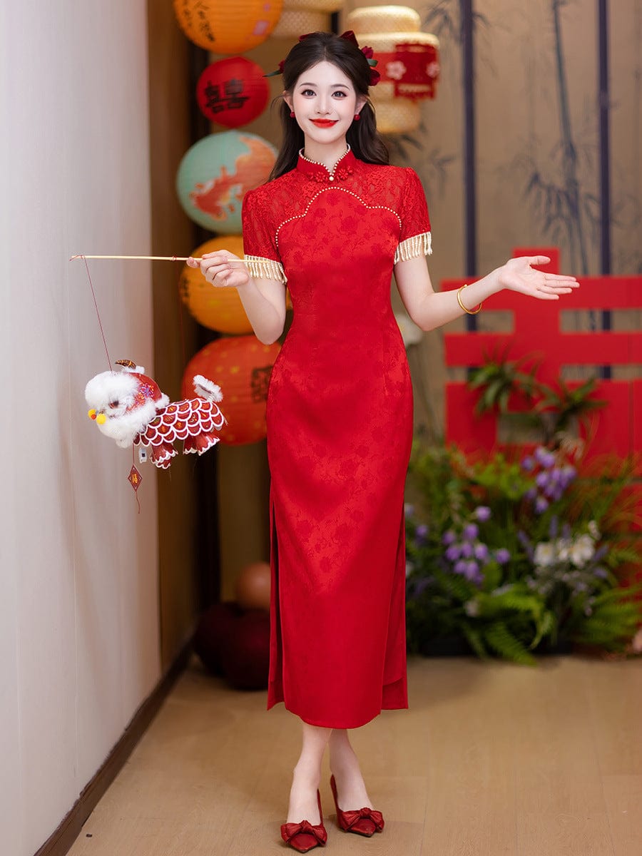 Beth and Brian Qipao-LSB Floral pattern, jacquard fabric, wedding midi Cheongsam