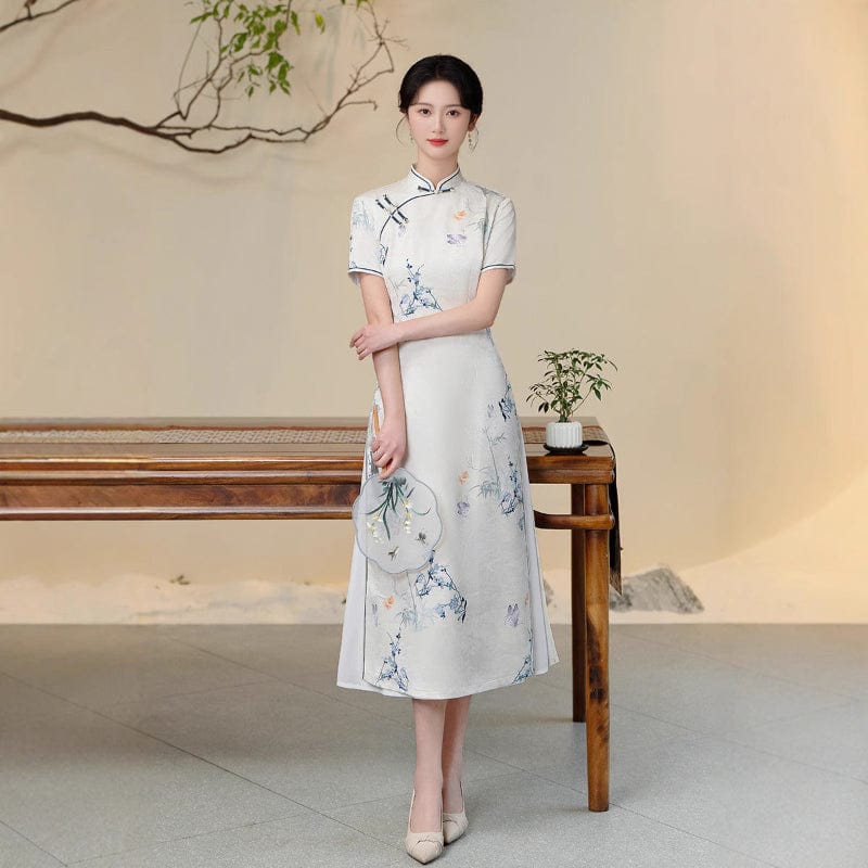 Beth and Brian Qipao-QMR Floral pattern, white midi Ao dai