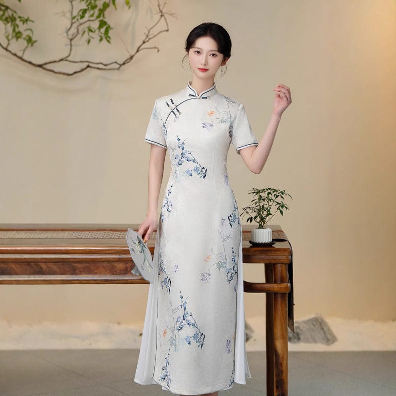Beth and Brian Qipao-QMR Floral pattern, white midi Ao dai