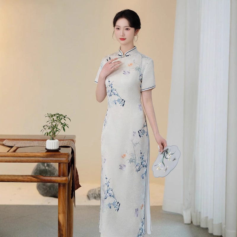 Beth and Brian Qipao-QMR Floral pattern, white midi Ao dai
