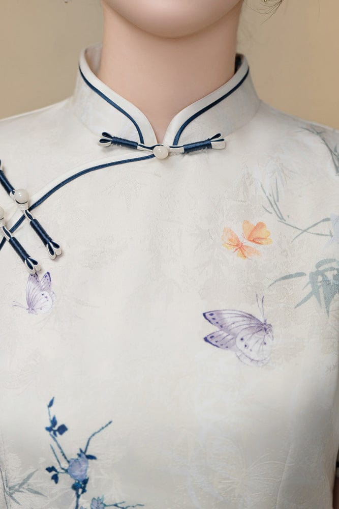 Beth and Brian Qipao-QMR Floral pattern, white midi Ao dai
