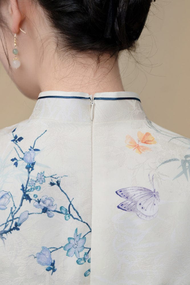 Beth and Brian Qipao-QMR Floral pattern, white midi Ao dai