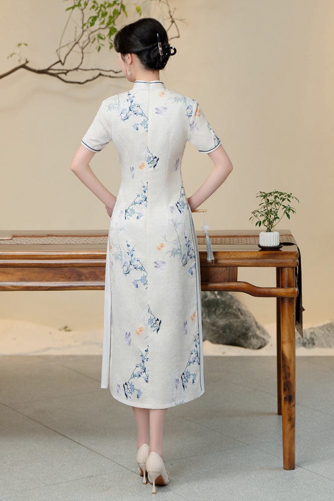 Beth and Brian Qipao-QMR Floral pattern, white midi Ao dai