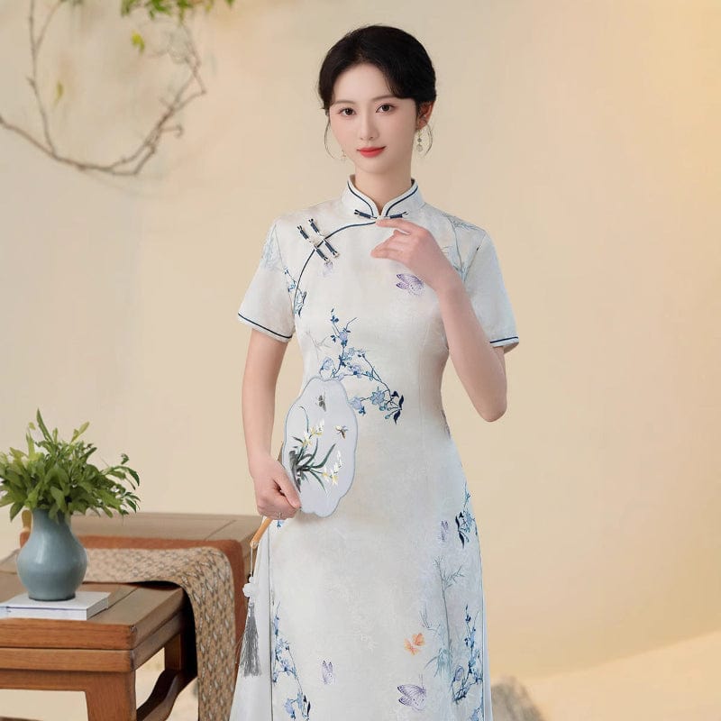 Beth and Brian Qipao-QMR Floral pattern, white midi Ao dai