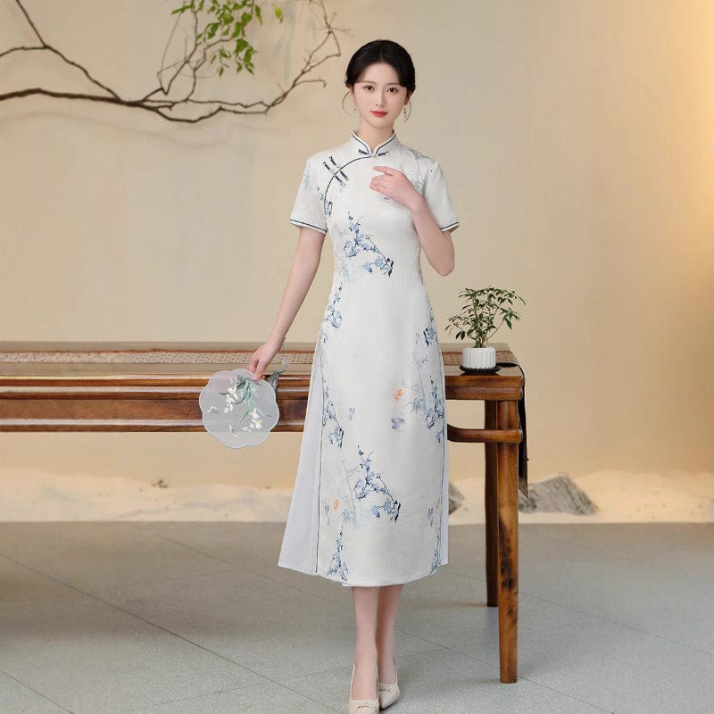 Beth and Brian Qipao-QMR Floral pattern, white midi Ao dai