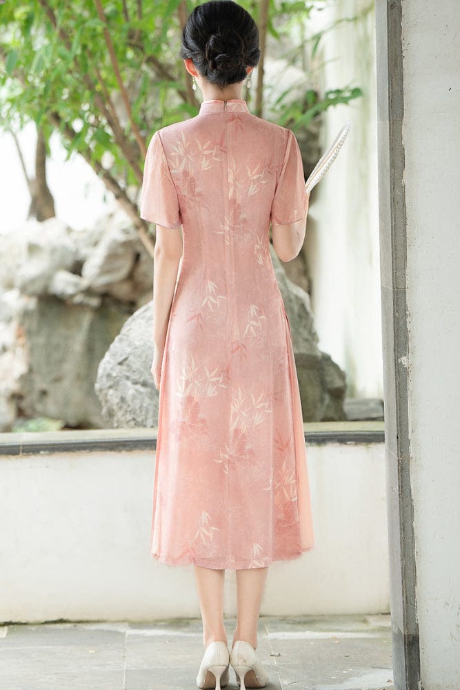 Beth and Brian Qipao-QMR Bamboo leaf pattern, pink midi Ao dai