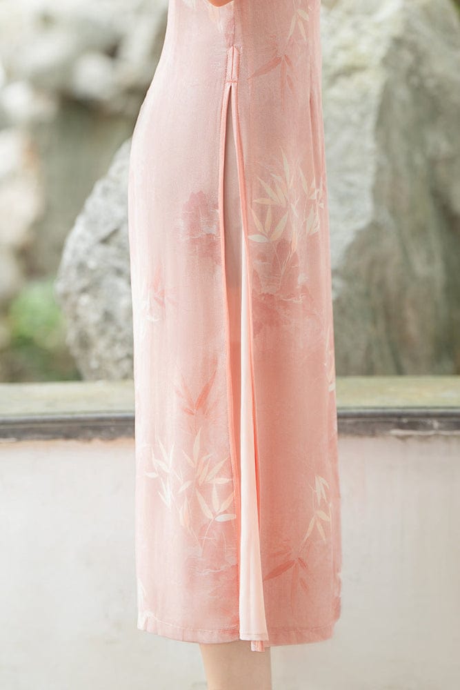 Beth and Brian Qipao-QMR Bamboo leaf pattern, pink midi Ao dai