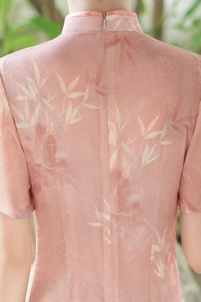 Beth and Brian Qipao-QMR Bamboo leaf pattern, pink midi Ao dai