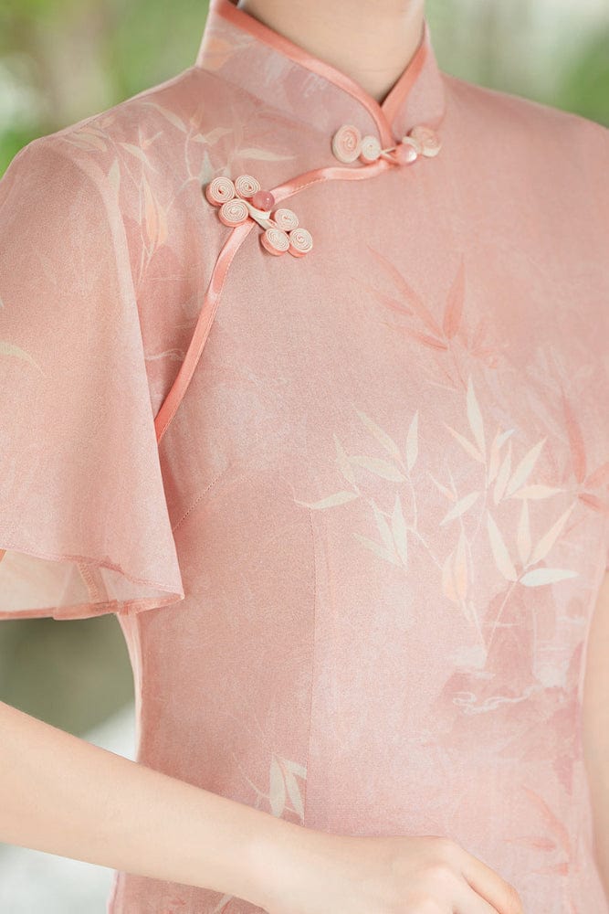 Beth and Brian Qipao-QMR Bamboo leaf pattern, pink midi Ao dai