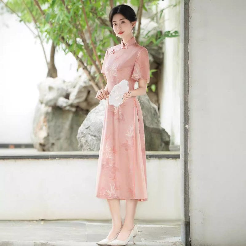 Beth and Brian Qipao-QMR Bamboo leaf pattern, pink midi Ao dai