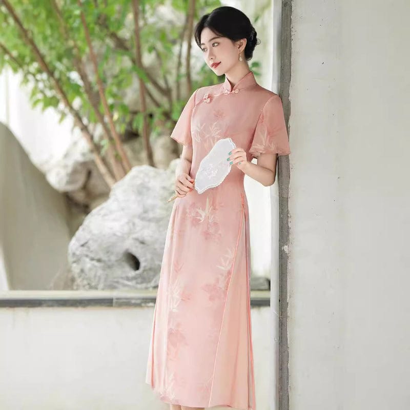Beth and Brian Qipao-QMR Bamboo leaf pattern, pink midi Ao dai