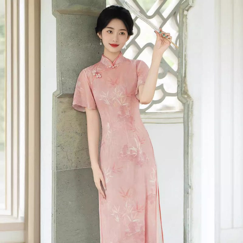 Beth and Brian Qipao-QMR Bamboo leaf pattern, pink midi Ao dai