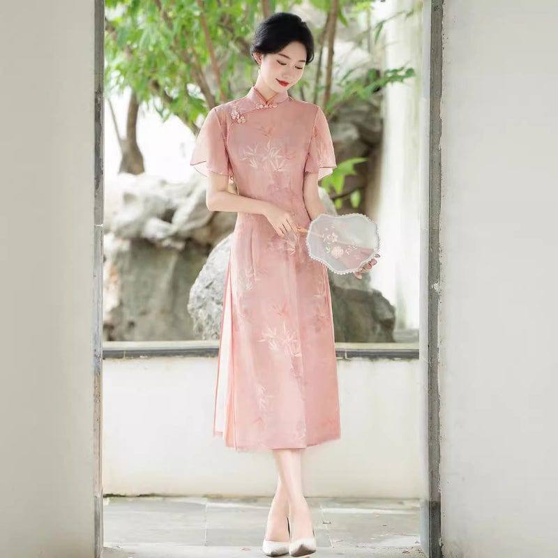 Beth and Brian Qipao-QMR Bamboo leaf pattern, pink midi Ao dai