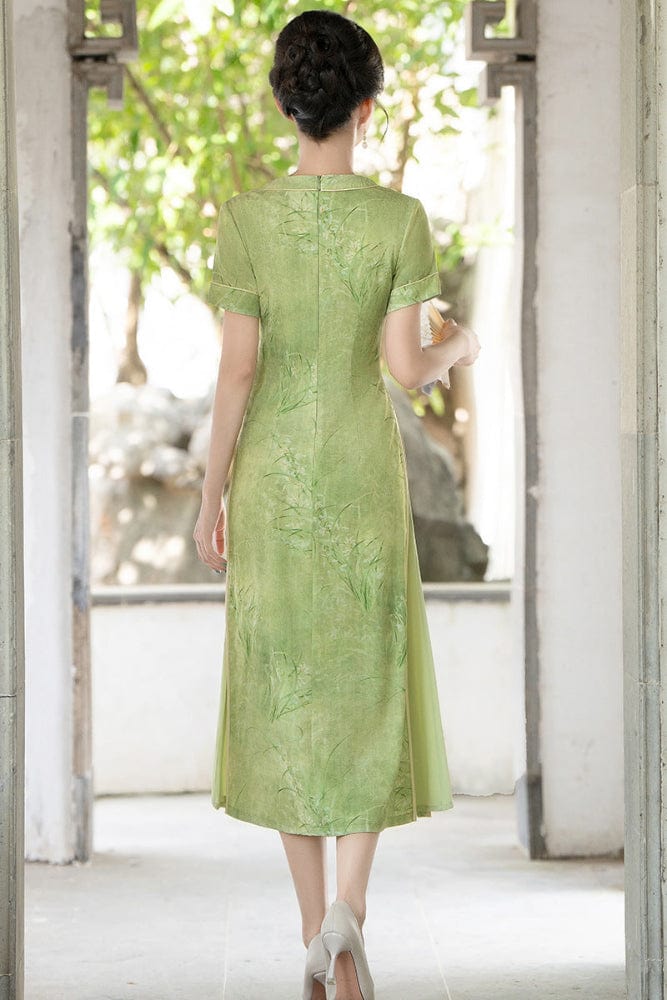 Beth and Brian Qipao-QMR V-Neck, cotton fabric, green midi Ao dai