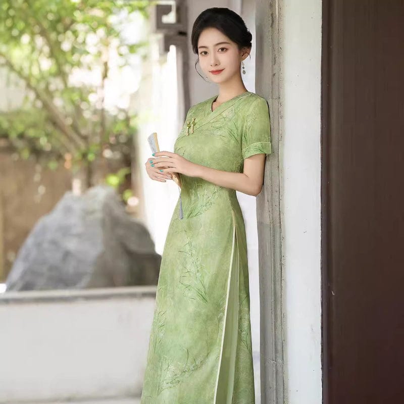 Beth and Brian Qipao-QMR V-Neck, cotton fabric, green midi Ao dai