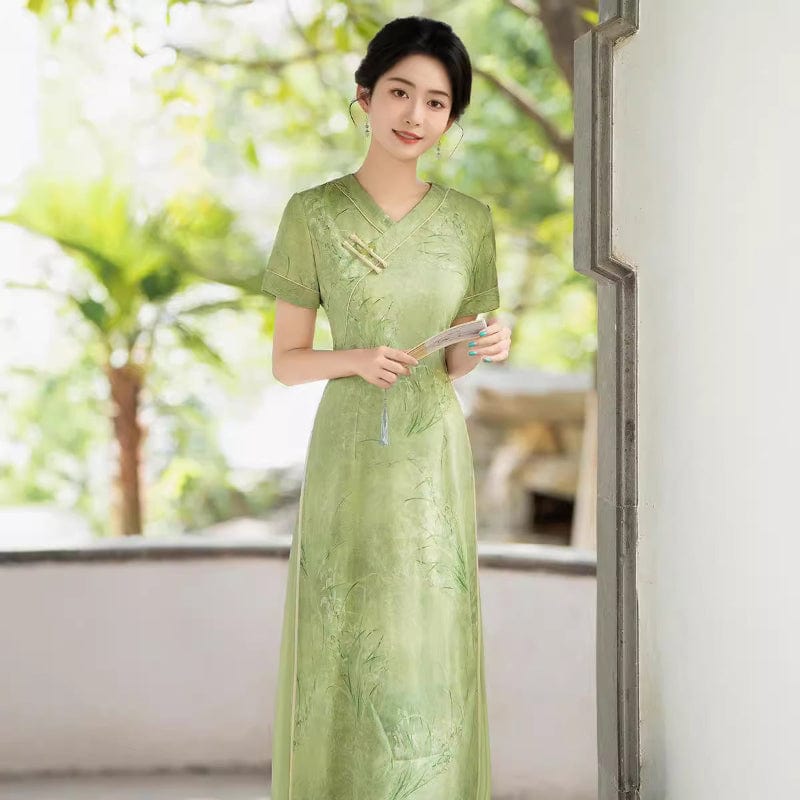 Beth and Brian Qipao-QMR V-Neck, cotton fabric, green midi Ao dai