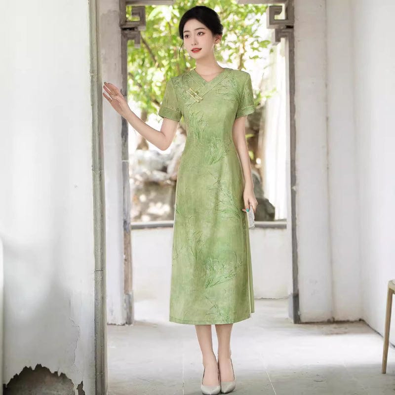Beth and Brian Qipao-QMR V-Neck, cotton fabric, green midi Ao dai
