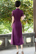 Beth and Brian Qipao-QMR Tencel fabric, floral pattern, plus size, purple midi Cheongsam
