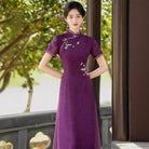 Beth and Brian Qipao-QMR Tencel fabric, floral pattern, plus size, purple midi Cheongsam