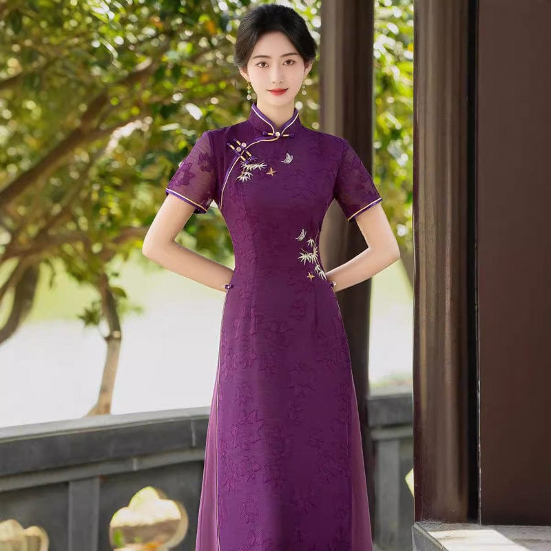 Beth and Brian Qipao-QMR Tencel fabric, floral pattern, plus size, purple midi Cheongsam