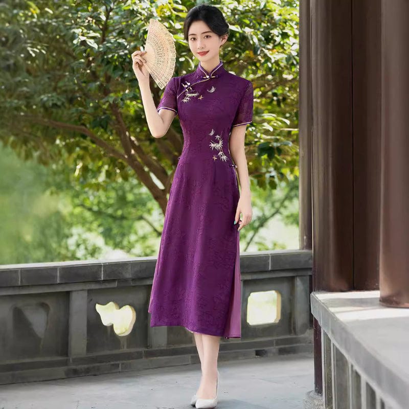 Beth and Brian Qipao-QMR Tencel fabric, floral pattern, plus size, purple midi Cheongsam