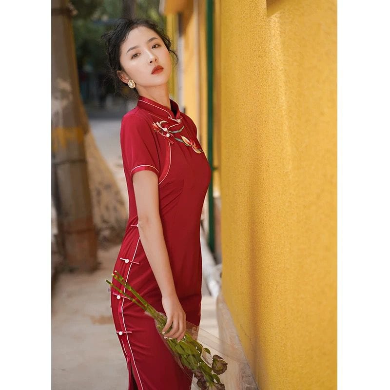 Beth and Brian Qipao-HCY Floral embroidery, acetate satin fabric, high-end long Cheongsam