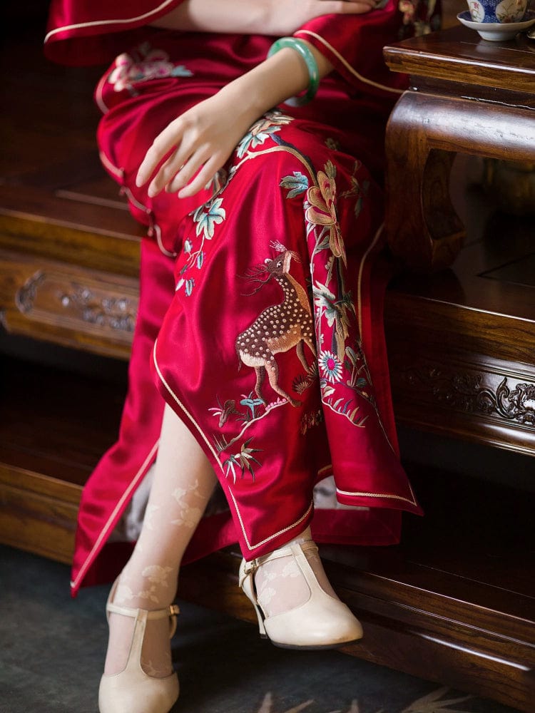 Beth and Brian Qipao-YCFX Deer Embroidery, acetate satin fabric, high-end long Cheongsam