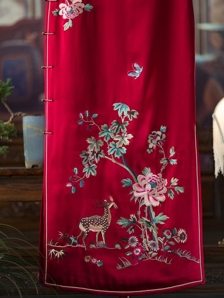 Beth and Brian Qipao-YCFX Deer Embroidery, acetate satin fabric, high-end long Cheongsam