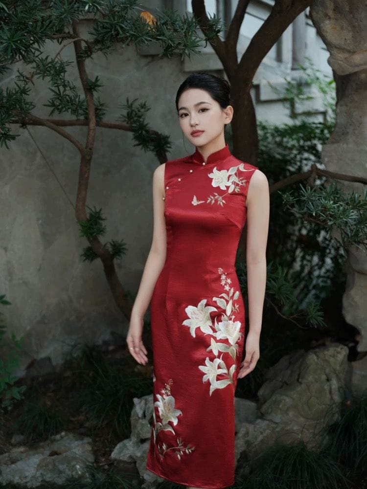 Beth and Brian Qipao-SY Floral embroidery, acetate satin fabric, high-end long Cheongsam
