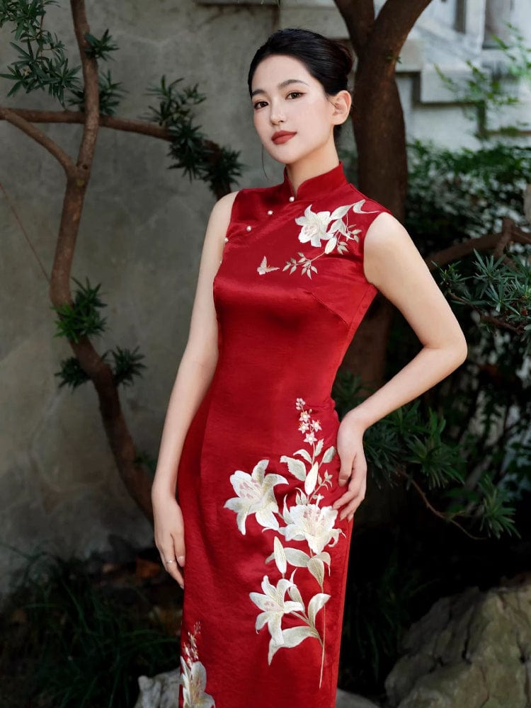 Beth and Brian Qipao-SY Floral embroidery, acetate satin fabric, high-end long Cheongsam