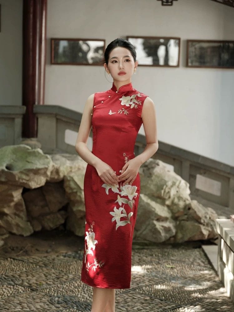 Beth and Brian Qipao-SY Floral embroidery, acetate satin fabric, high-end long Cheongsam