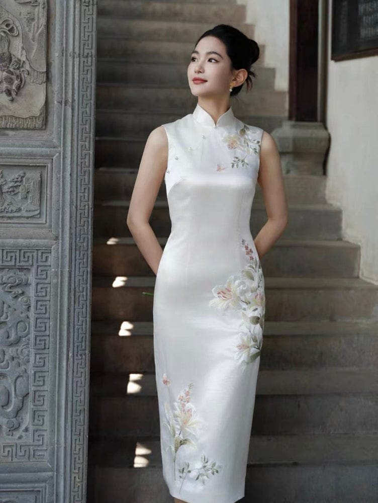 Beth and Brian Qipao-SY Floral embroidery, acetate satin fabric, high-end long Cheongsam