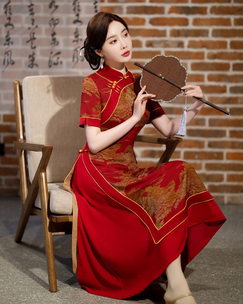 Beth and Brian Qipao-MY Old Shanghai style, plus size, red&green long Ao dai