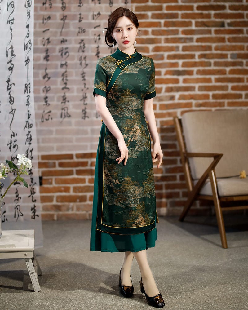 Beth and Brian Qipao-MY Old Shanghai style, plus size, red&green long Ao dai