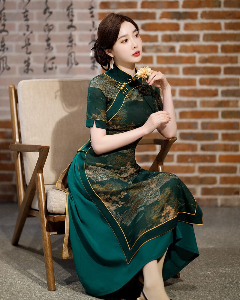 Beth and Brian Qipao-MY Old Shanghai style, plus size, red&green long Ao dai