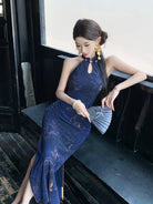 Beth and Brian Qipao-LSB New Chinese style (新中式), floral pattern, blue long Cheongsam