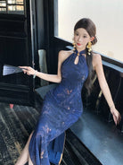Beth and Brian Qipao-LSB New Chinese style (新中式), floral pattern, blue long Cheongsam