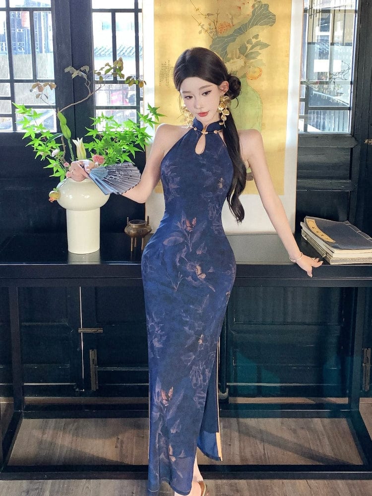 Beth and Brian Qipao-LSB New Chinese style (新中式), floral pattern, blue long Cheongsam