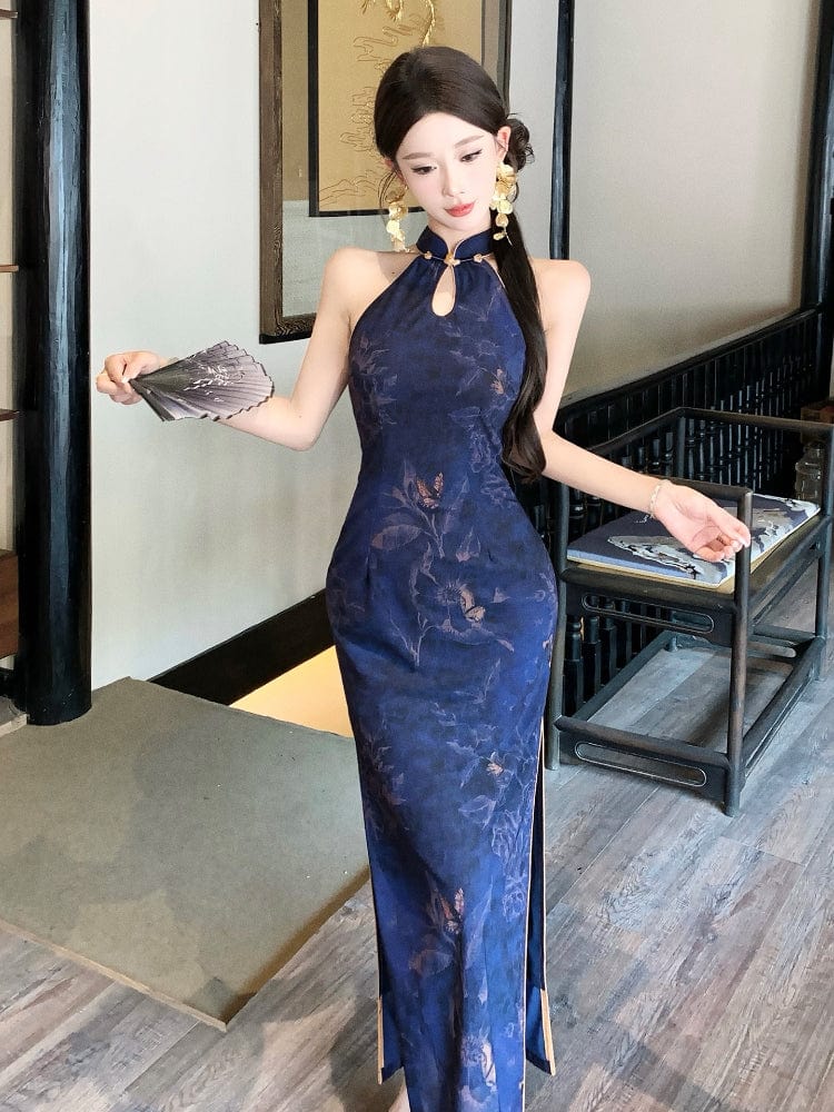 Beth and Brian Qipao-LSB New Chinese style (新中式), floral pattern, blue long Cheongsam