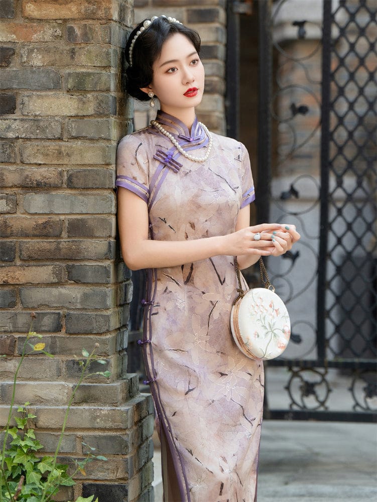 Beth and Brian Qipao-HQ Classical Cheongsam, satin fabric, plus size, purple long Qipao
