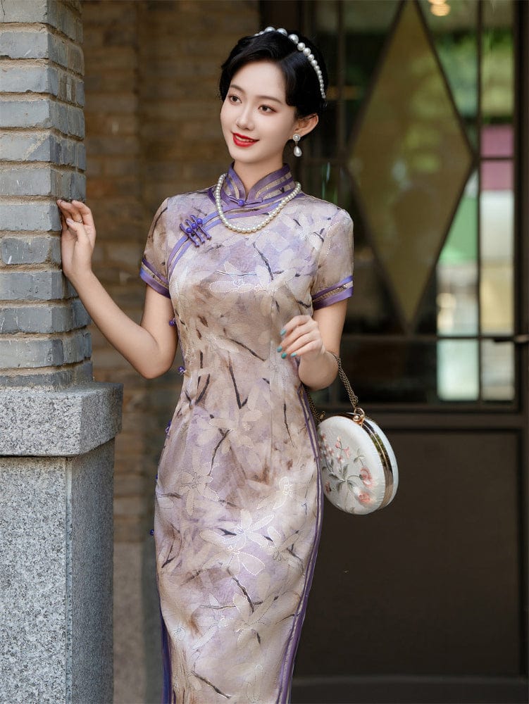 Beth and Brian Qipao-HQ Classical Cheongsam, satin fabric, plus size, purple long Qipao