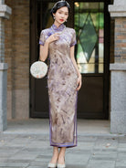 Beth and Brian Qipao-HQ Classical Cheongsam, satin fabric, plus size, purple long Qipao