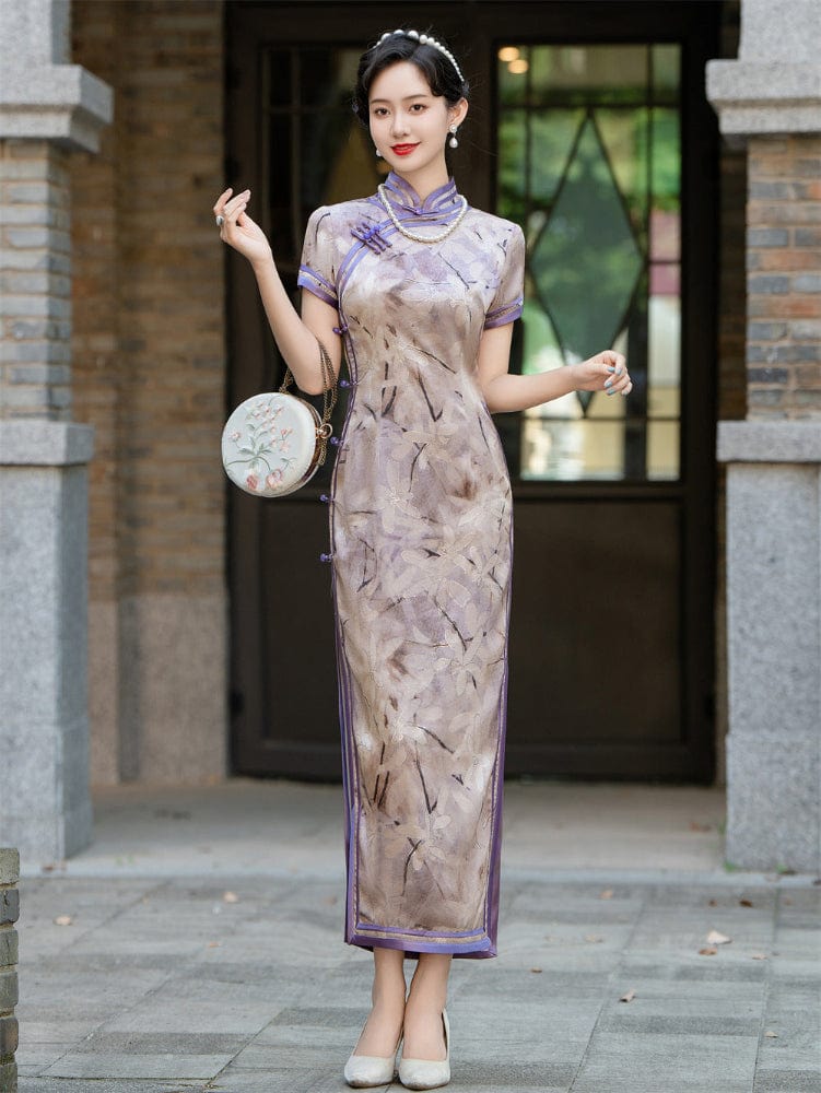 Beth and Brian Qipao-HQ Classical Cheongsam, satin fabric, plus size, purple long Qipao