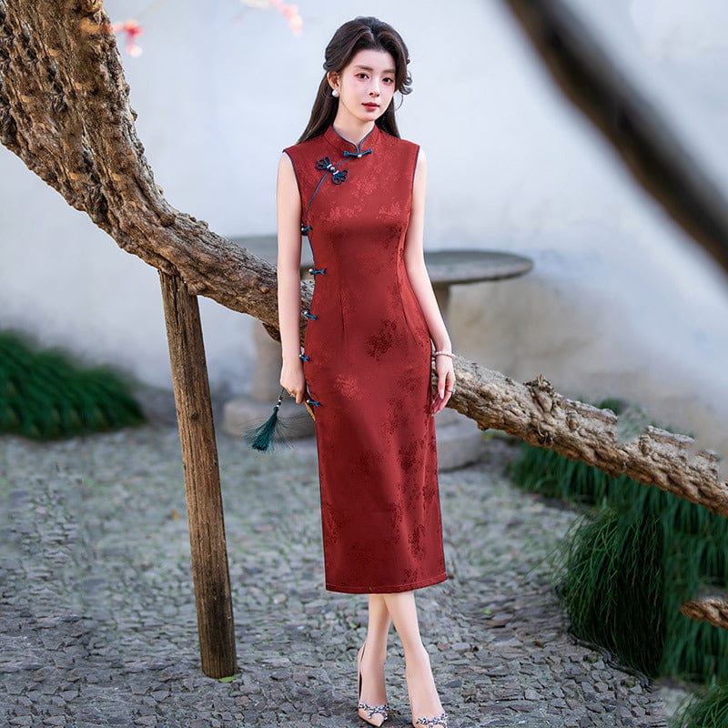 Beth and Brian Qipao-ZQYS Sleeveless, jacquard red midi Cheongsam