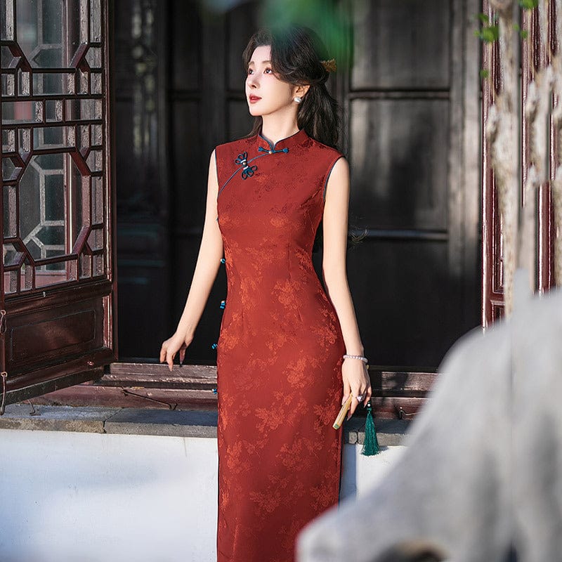 Beth and Brian Qipao-ZQYS Sleeveless, jacquard red midi Cheongsam