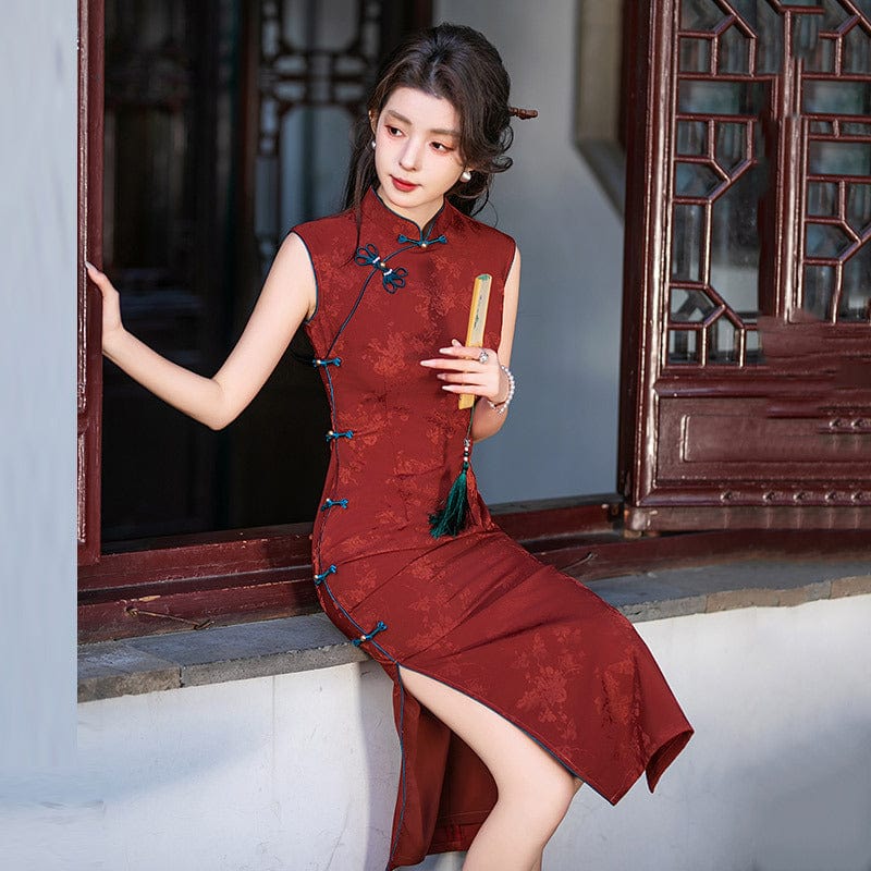 Beth and Brian Qipao-ZQYS Sleeveless, jacquard red midi Cheongsam