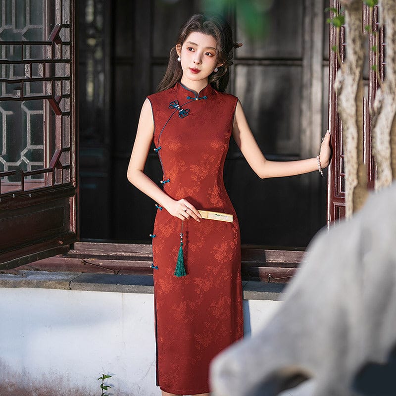 Beth and Brian Qipao-ZQYS Sleeveless, jacquard red midi Cheongsam