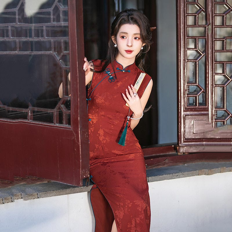 Beth and Brian Qipao-ZQYS Sleeveless, jacquard red midi Cheongsam