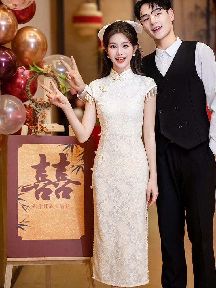 Beth and Brian Qipao-LSB Floral pattern, lace white mid-length Cheongsam